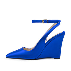Blue Satin Pointed-Toe Buckle Wedge Sandals for Women