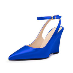 Blue Satin Pointed-Toe Buckle Wedge Sandals for Women