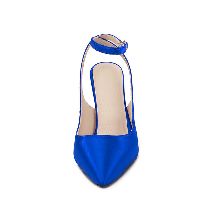 Blue Satin Pointed-Toe Buckle Wedge Sandals for Women