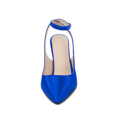 Blue Satin Pointed-Toe Buckle Wedge Sandals for Women