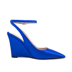 Blue Satin Pointed-Toe Buckle Wedge Sandals for Women