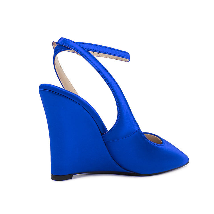 Blue Satin Pointed-Toe Buckle Wedge Sandals for Women