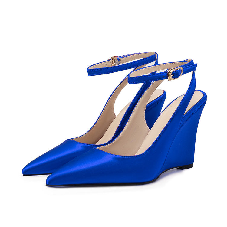 Blue Satin Pointed-Toe Buckle Wedge Sandals for Women