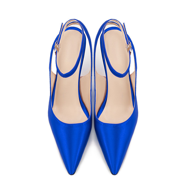 Blue Satin Pointed-Toe Buckle Wedge Sandals for Women