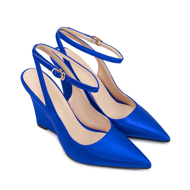 Blue Satin Pointed-Toe Buckle Wedge Sandals for Women