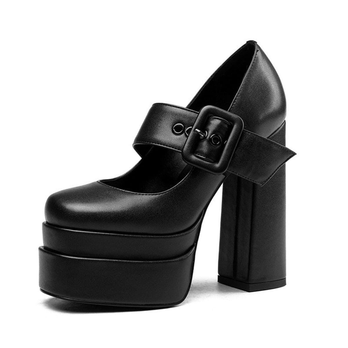 Black Square Toe Platform Buckle Chunky Heel Mary Jane Pumps