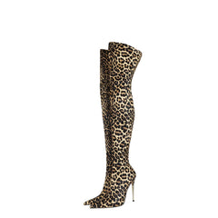 Overknee-Stiefel mit Leopardenmuster, spitzer Zehenpartie und Stilettoabsatz