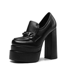 Black Faux Leather Square Toe Platform Chunky Heel Loafer Shoes