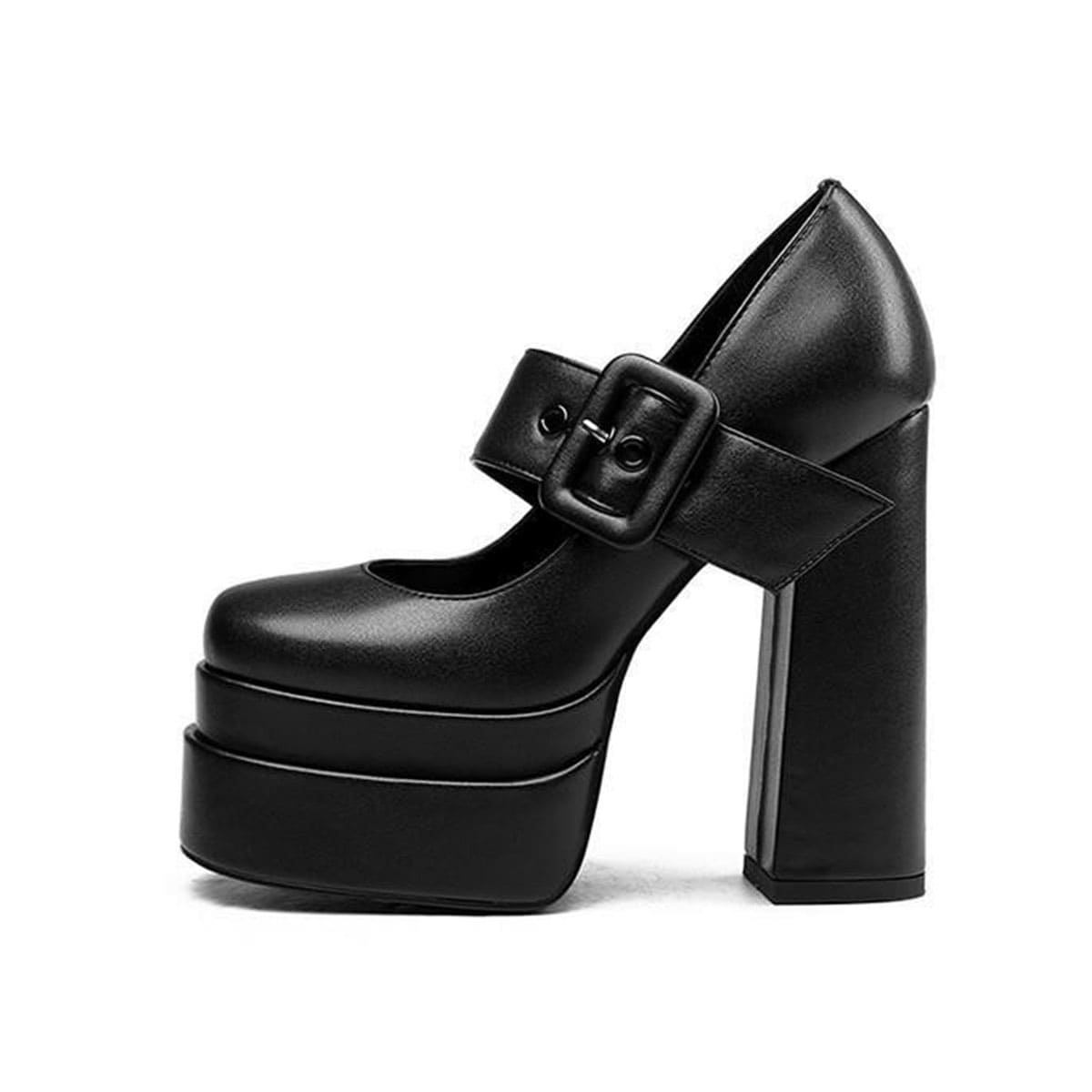 Black Square Toe Platform Buckle Chunky Heel Mary Jane Pumps