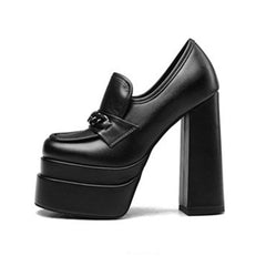 Black Faux Leather Square Toe Platform Chunky Heel Loafer Shoes