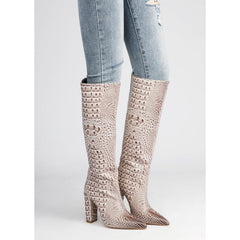 Bottes hautes au genou à bout pointu et talon épais de 3 pouces avec texture crocodile 3D