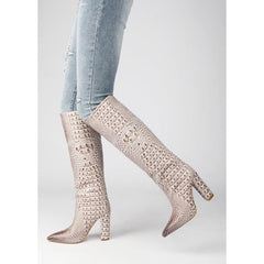 Bottes hautes au genou à bout pointu et talon épais de 3 pouces avec texture crocodile 3D