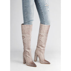 Bottes hautes au genou à bout pointu et talon épais de 3 pouces avec texture crocodile 3D