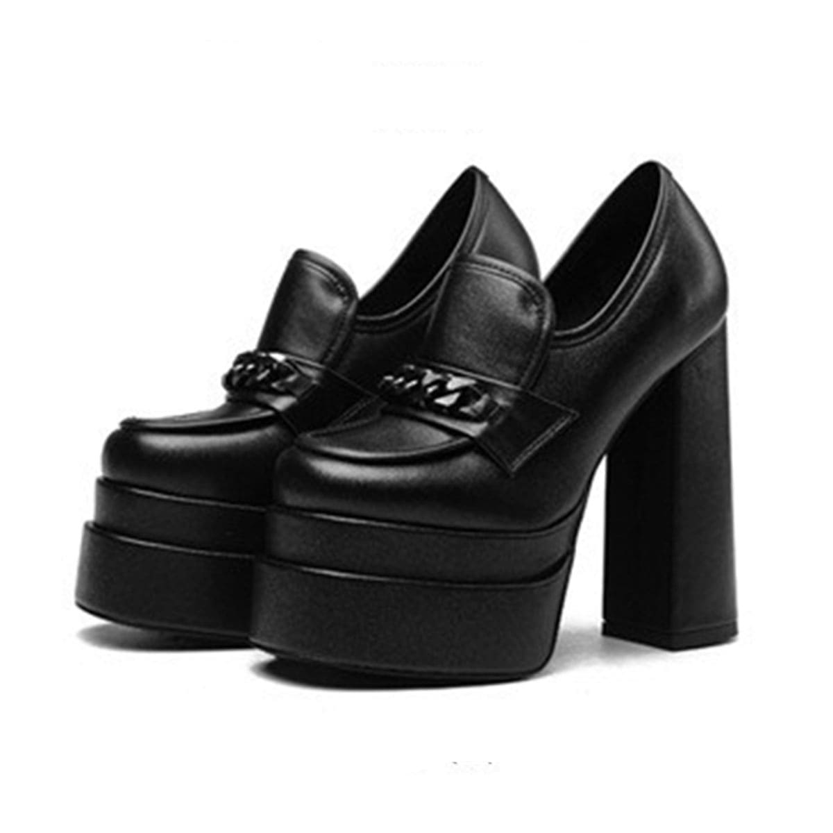 Black Faux Leather Square Toe Platform Chunky Heel Loafer Shoes