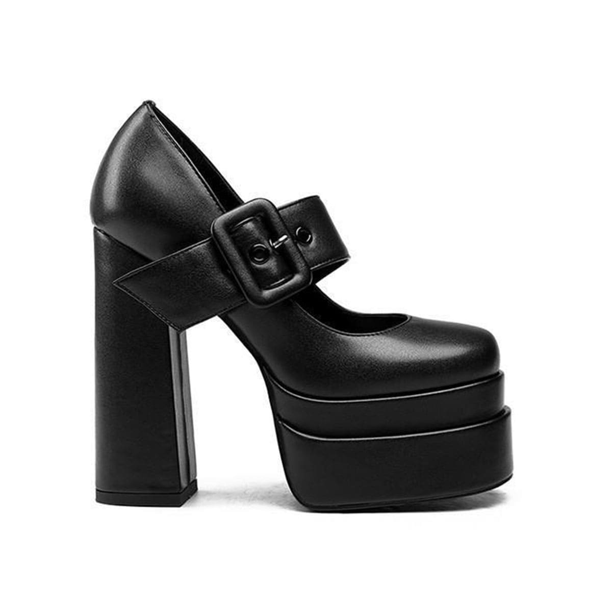 Black Square Toe Platform Buckle Chunky Heel Mary Jane Pumps