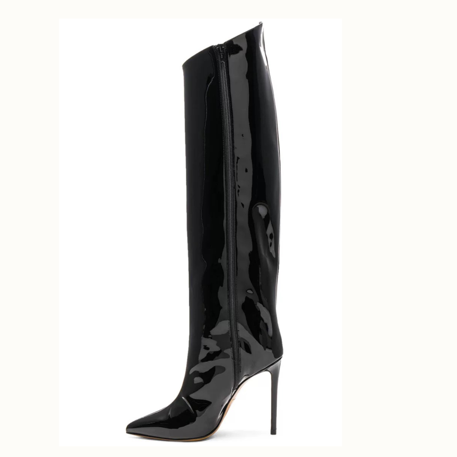 Kniehohe Stiefel aus Lackleder mit spitzer Zehenpartie und 5 Zoll Stilettoabsatz