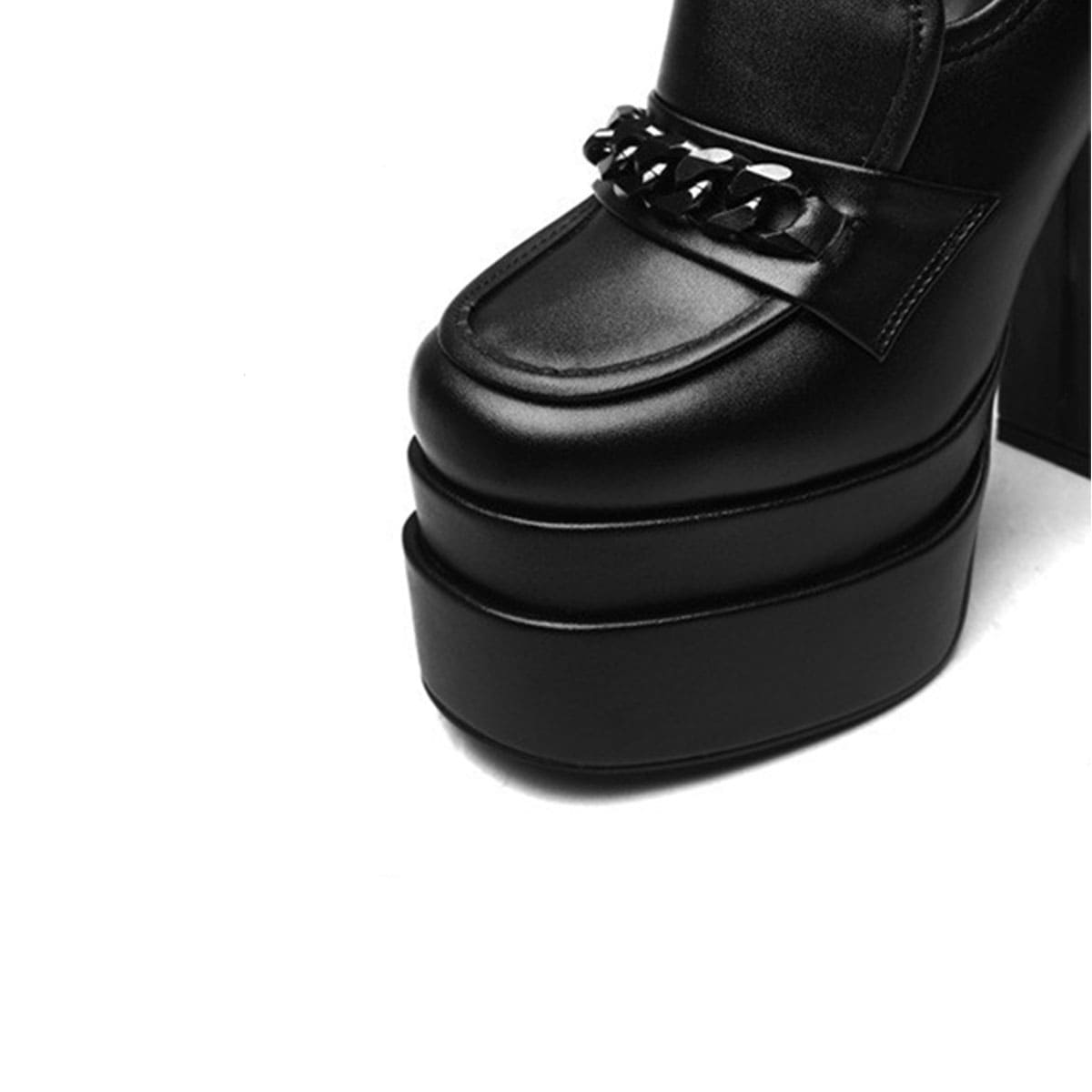 Black Faux Leather Square Toe Platform Chunky Heel Loafer Shoes