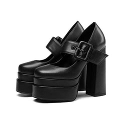 Black Square Toe Platform Buckle Chunky Heel Mary Jane Pumps