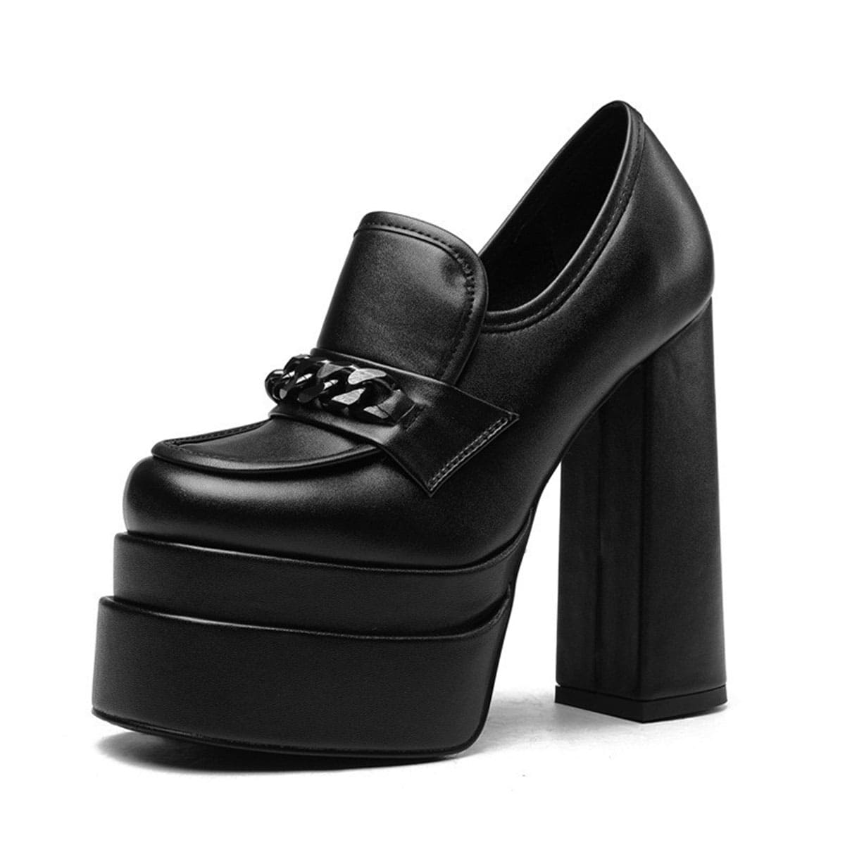 Black Faux Leather Square Toe Platform Chunky Heel Loafer Shoes