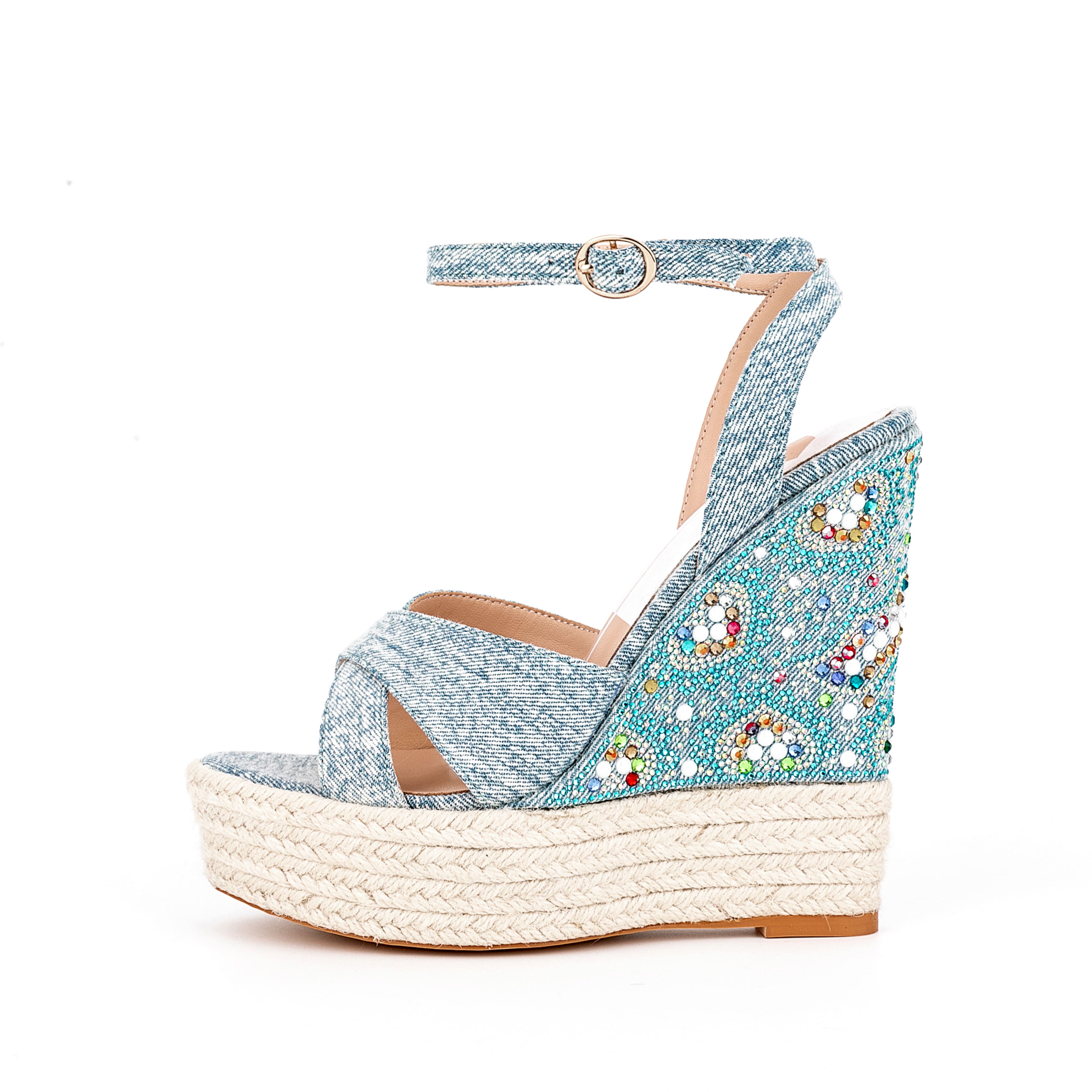 Ankle Strap Denim Rhinestone Wedge Espadrille Sandals 1