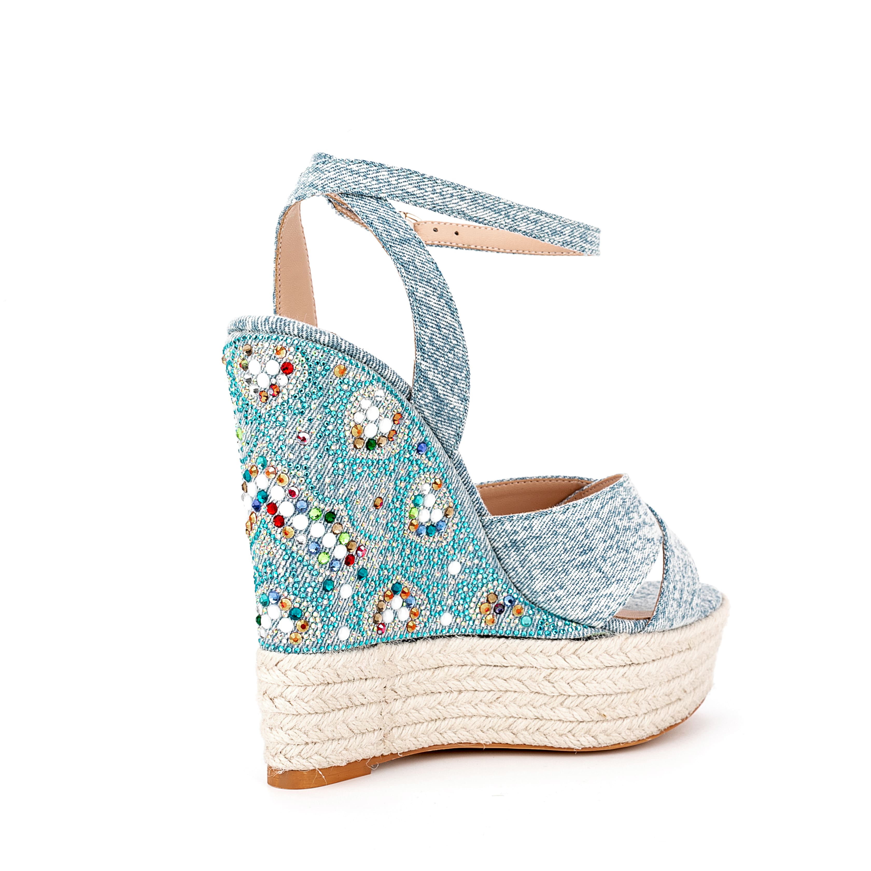 Ankle Strap Denim Rhinestone Wedge Espadrille Sandals 4