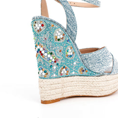 Ankle Strap Denim Rhinestone Wedge Espadrille Sandals 5