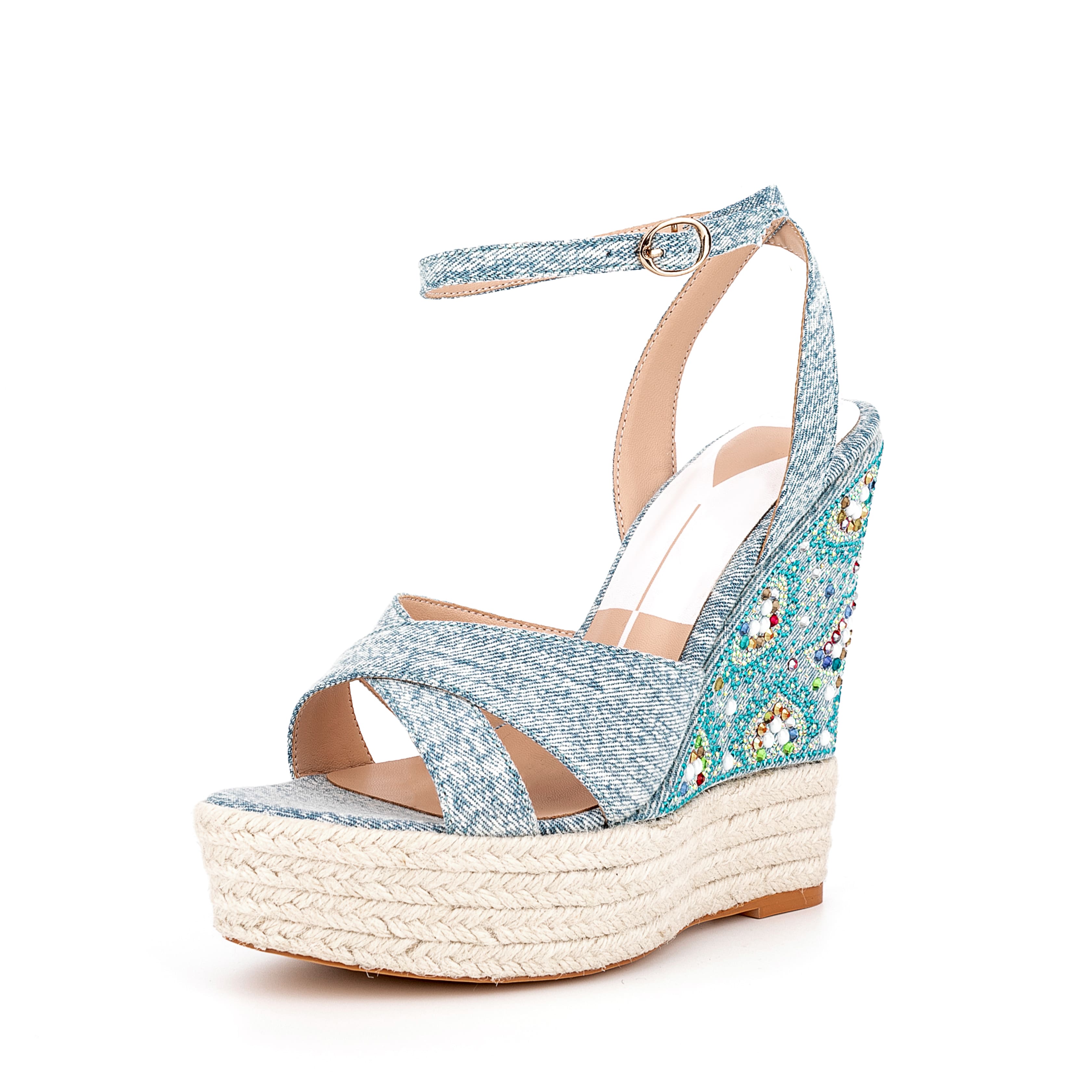 Ankle Strap Denim Rhinestone Wedge Espadrille Sandals 8