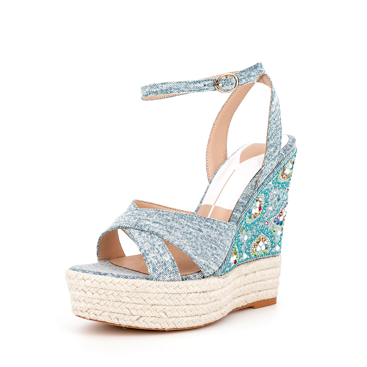 Ankle Strap Denim Rhinestone Wedge Espadrille Sandals 8