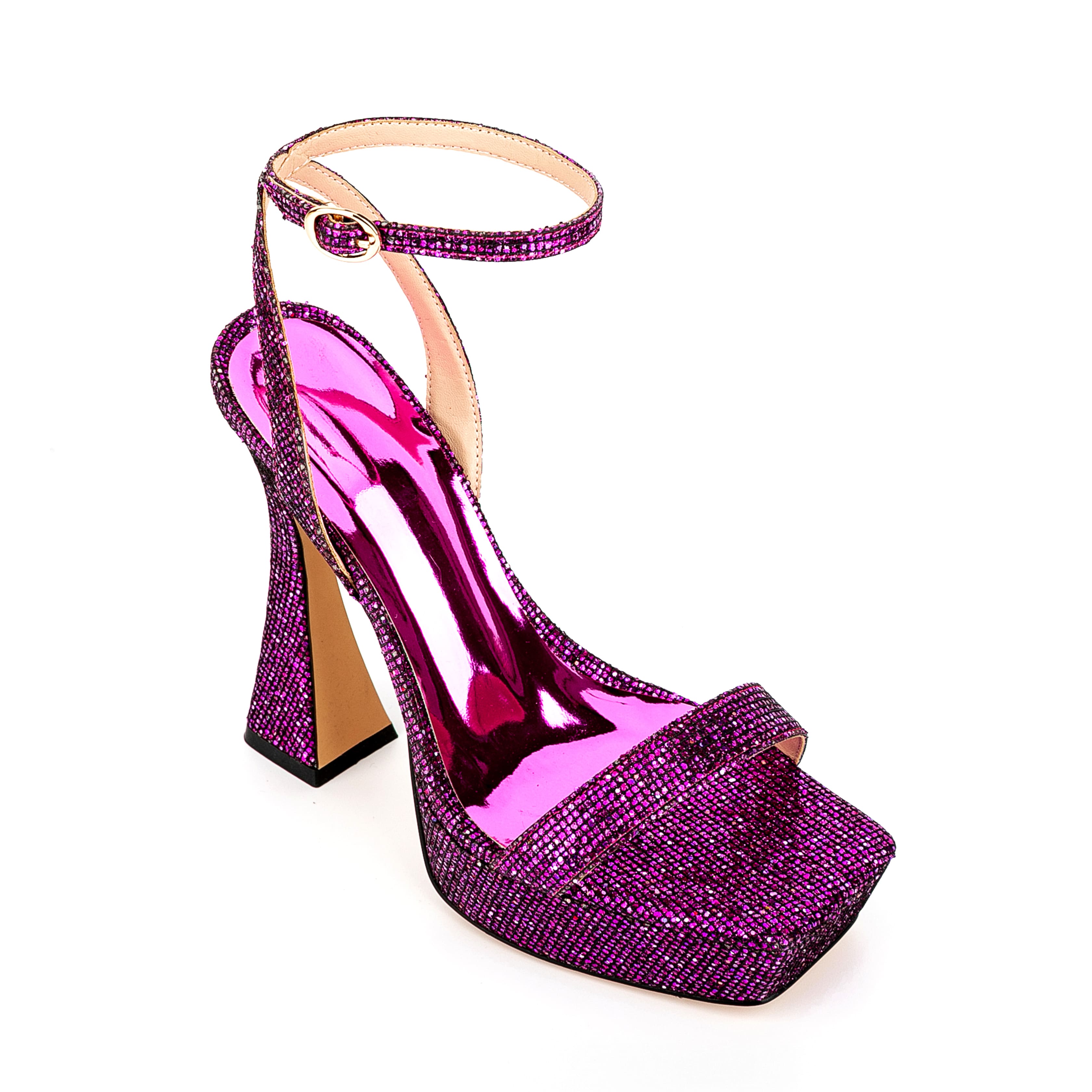 Ankle Strap Sequined Square Toe Platform Flared Heels 14