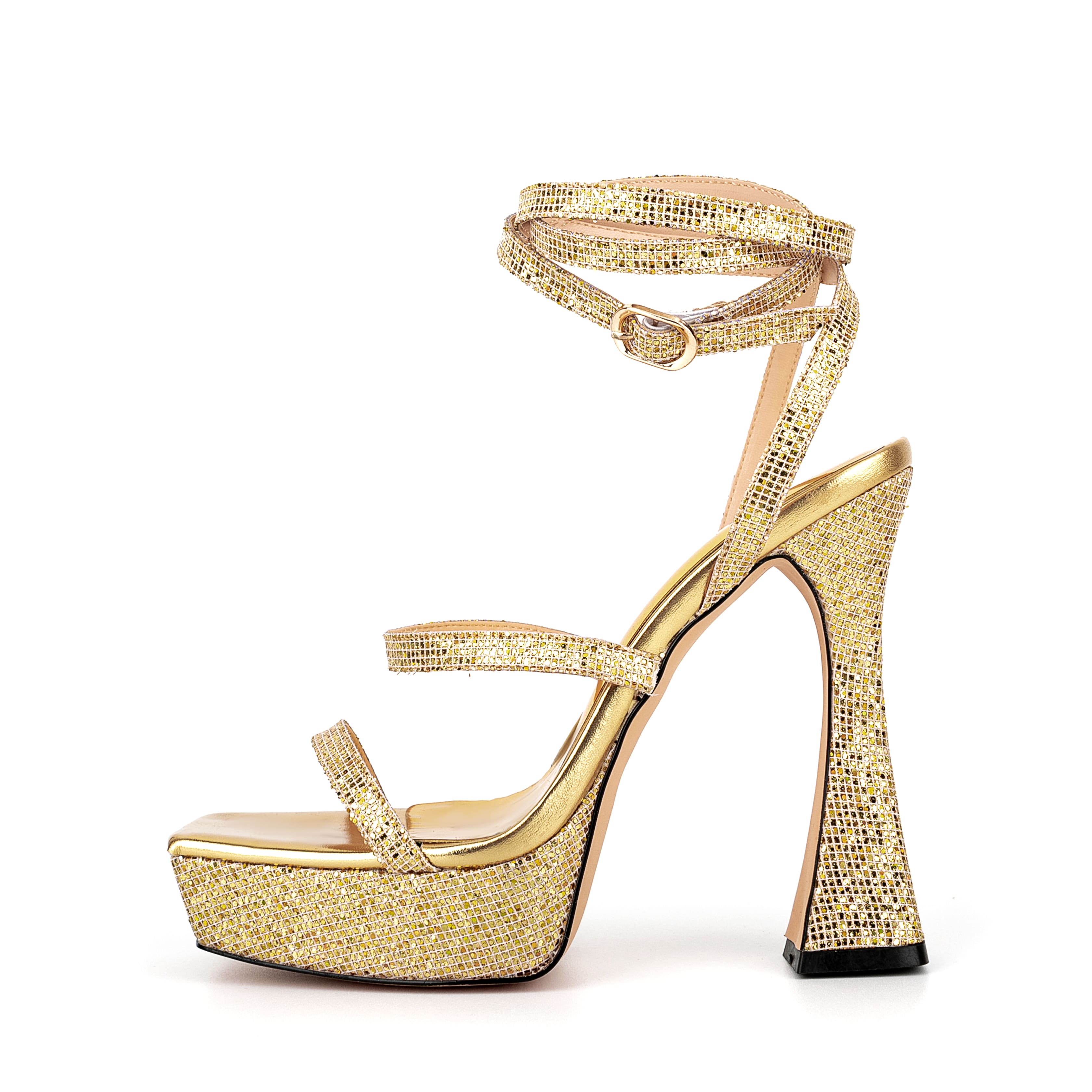 Ankle Strap Sequined Square Toe Platform Flared Heels 23