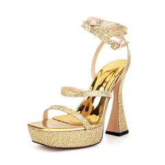 Ankle Strap Sequined Square Toe Platform Flared Heels 24