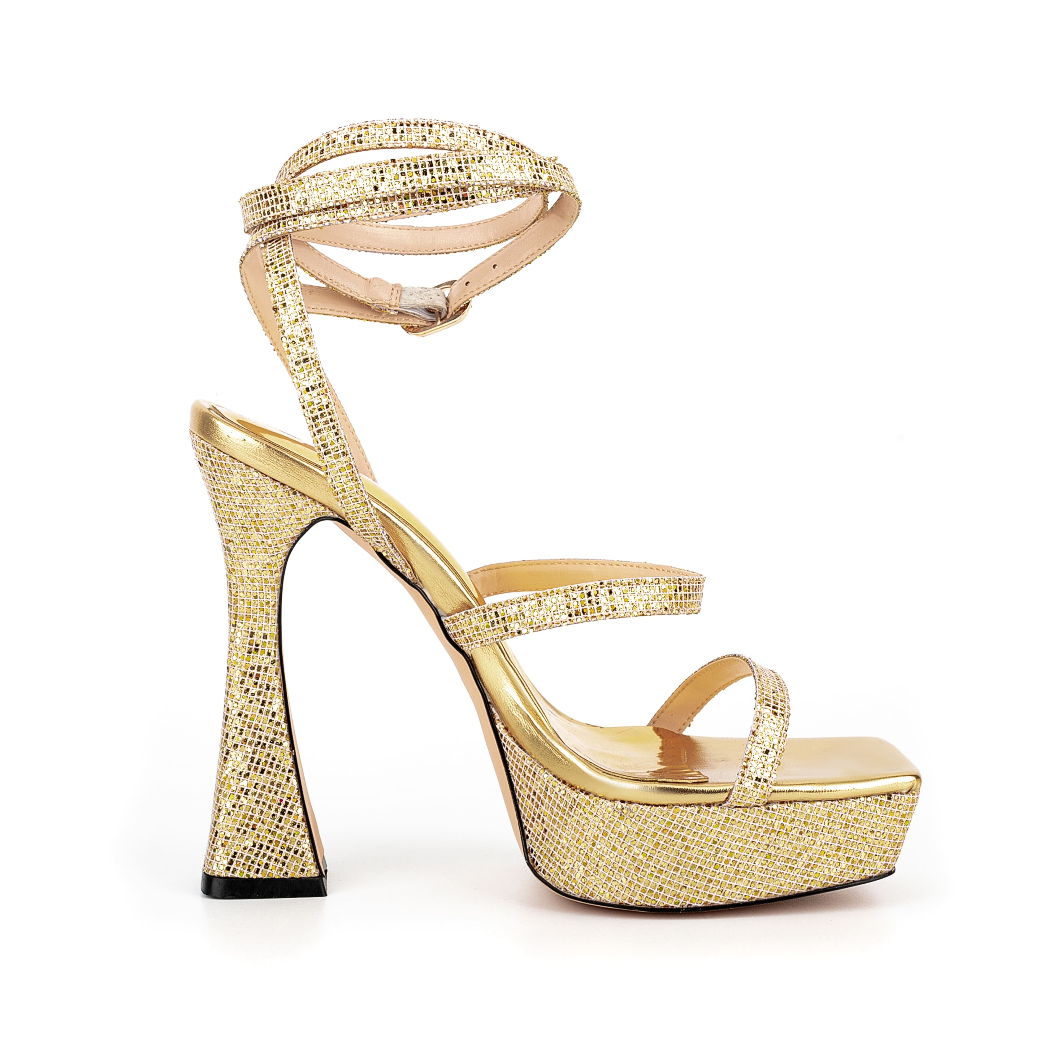 Ankle Strap Sequined Square Toe Platform Flared Heels 26