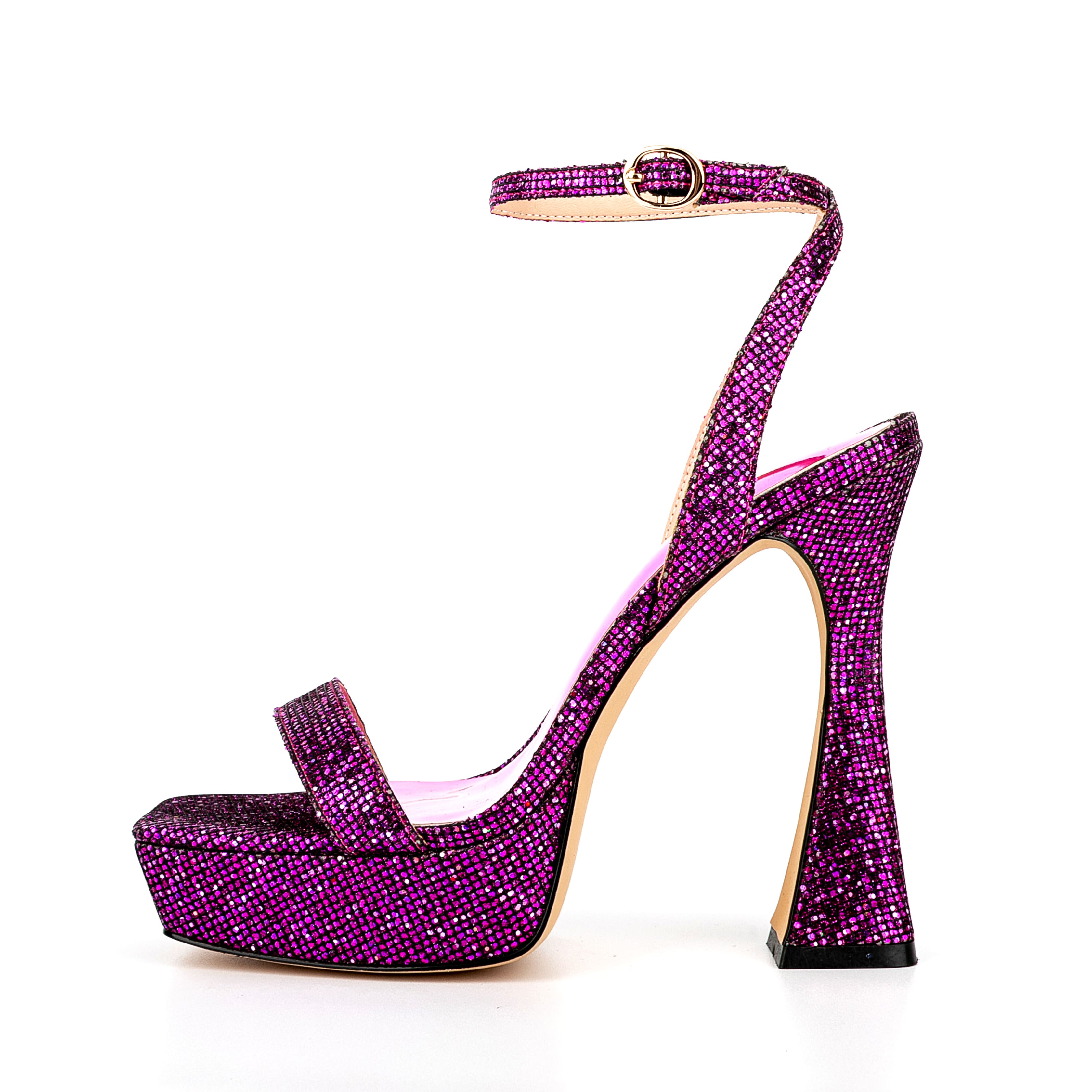 Ankle Strap Sequined Square Toe Platform Flared Heels 8