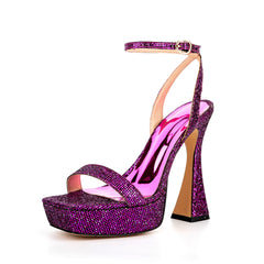 Ankle Strap Sequined Square Toe Platform Flared Heels 9