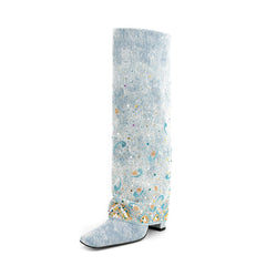 Kniehohe Stiefel aus babyblauer Jeans mit quadratischer Zehenpartie, 4 Zoll Blockabsatz und Umschlag