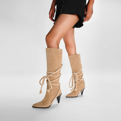 Beige Pointed Toe Pencil Heel Knee High Boots with Rope Wrap