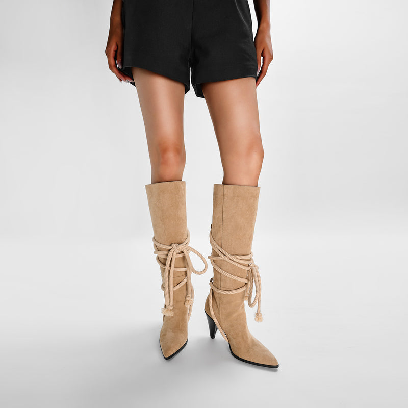 Beige Pointed Toe Pencil Heel Knee High Boots with Rope Wrap