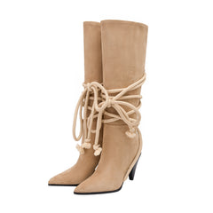 Beige Pointed Toe Pencil Heel Knee High Boots with Rope Wrap