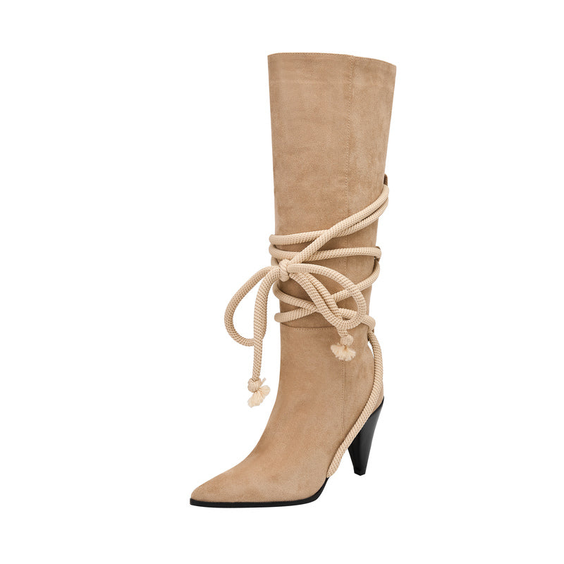 Beige Pointed Toe Pencil Heel Knee High Boots with Rope Wrap