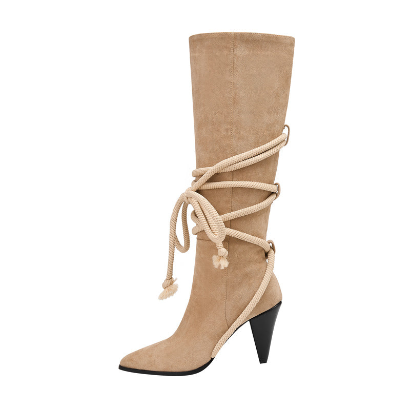 Beige Pointed Toe Pencil Heel Knee High Boots with Rope Wrap