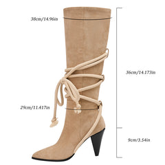 Beige Pointed Toe Pencil Heel Knee High Boots with Rope Wrap