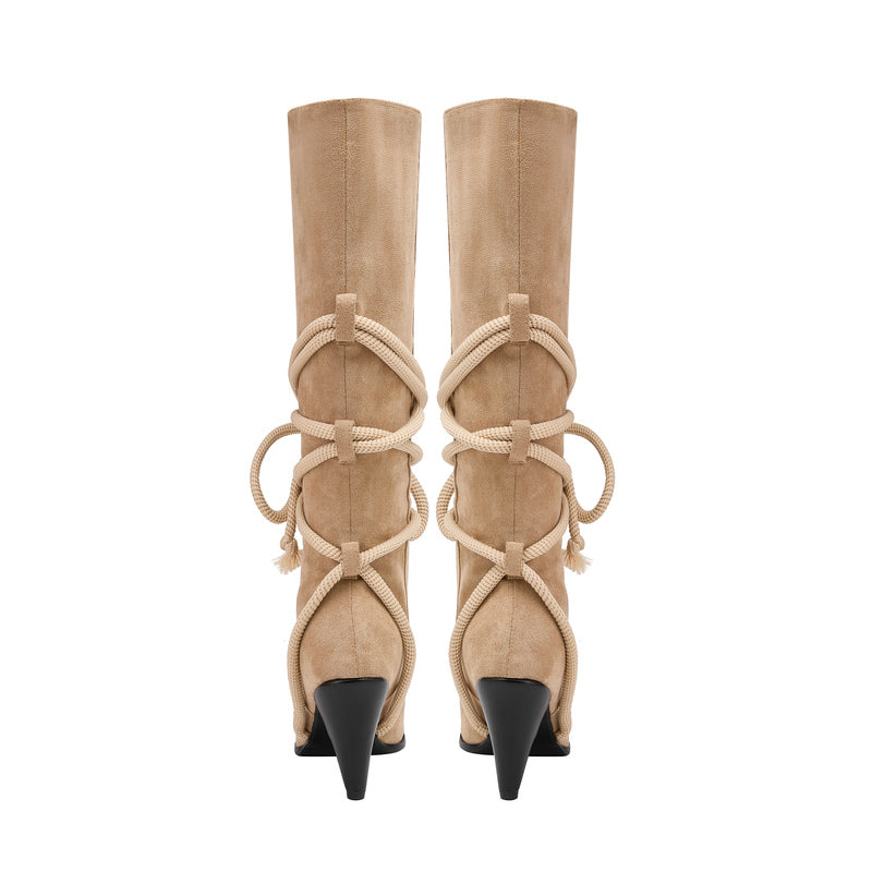 Beige Pointed Toe Pencil Heel Knee High Boots with Rope Wrap