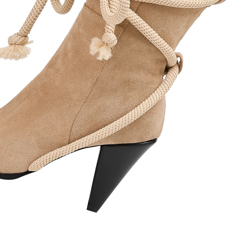 Beige Pointed Toe Pencil Heel Knee High Boots with Rope Wrap