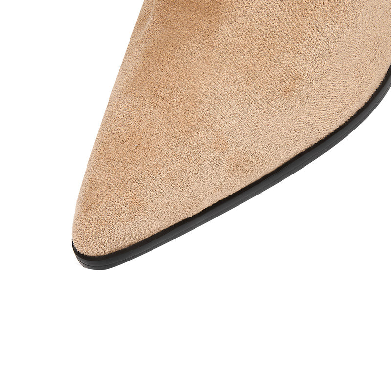 Beige Pointed Toe Pencil Heel Knee High Boots with Rope Wrap