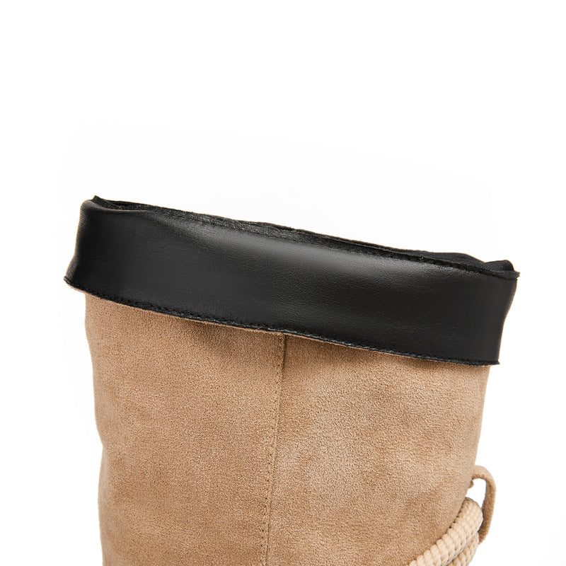 Beige Pointed Toe Pencil Heel Knee High Boots with Rope Wrap