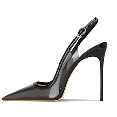 Black Clear PVC Pointed-Toe Slingback Stiletto Heels Sandals for Women