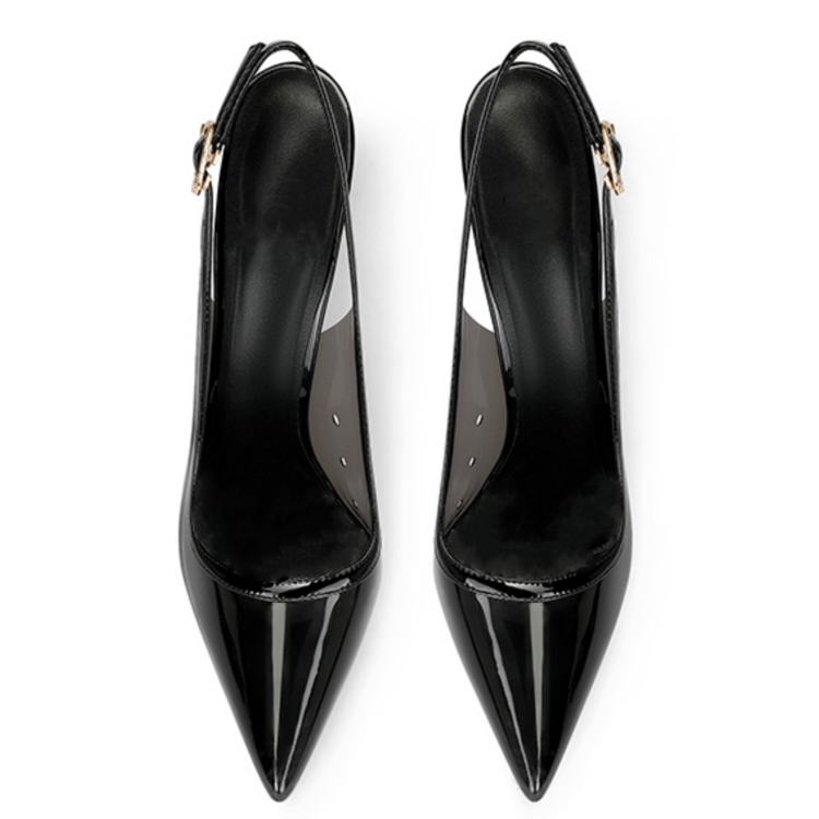 Black Clear PVC Pointed-Toe Slingback Stiletto Heels Sandals for Women