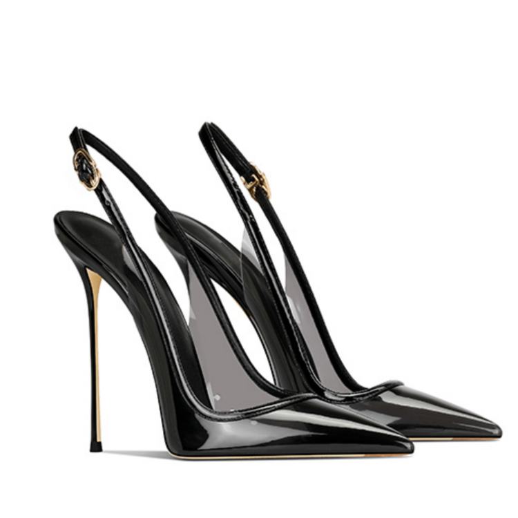 Black Clear PVC Pointed-Toe Slingback Stiletto Heels Sandals for Women