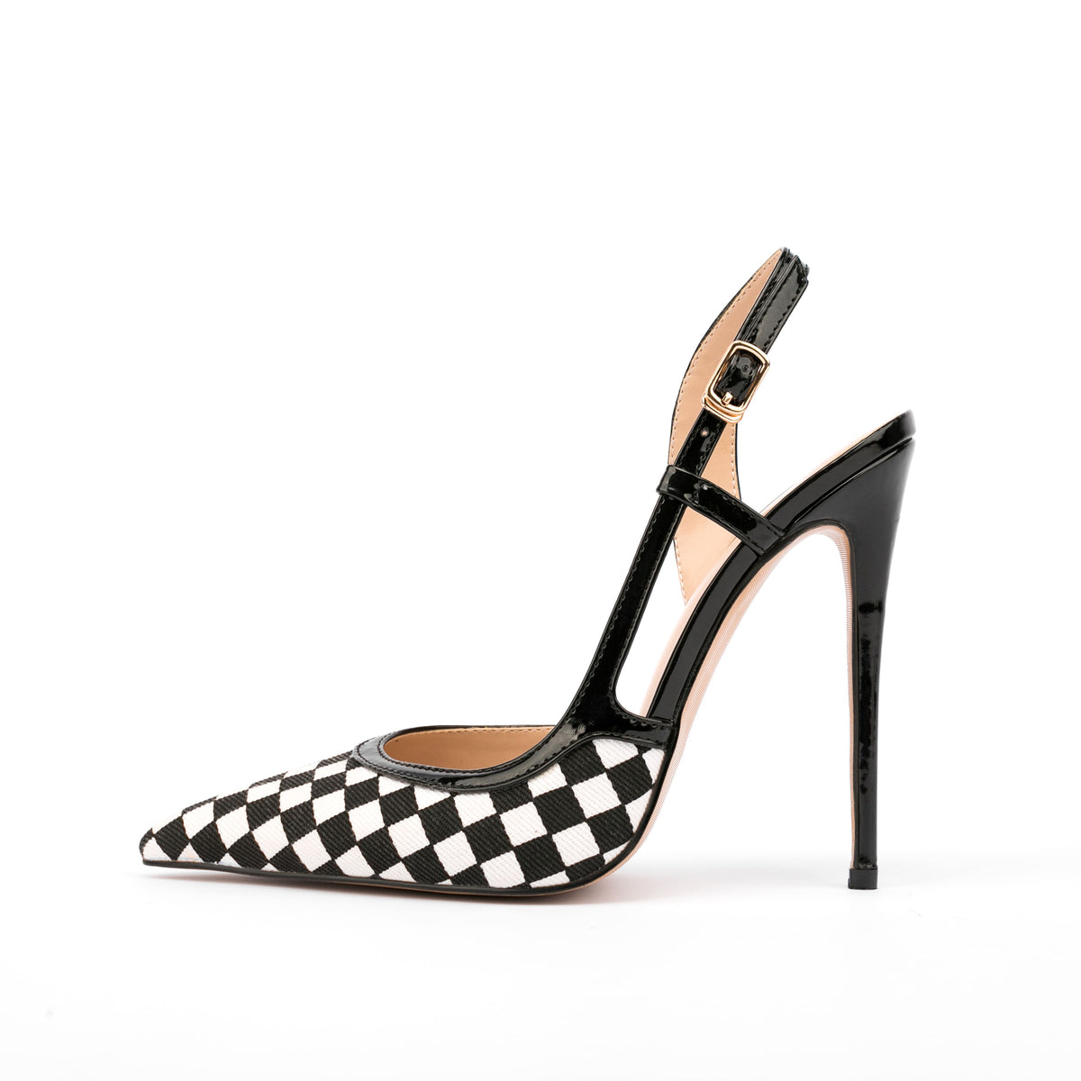 Black And White Plaid  Buckle Slingback Heel Pumps 9