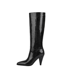 Black Stone Texture Pointed Toe Pencil Heel Knee High Boots